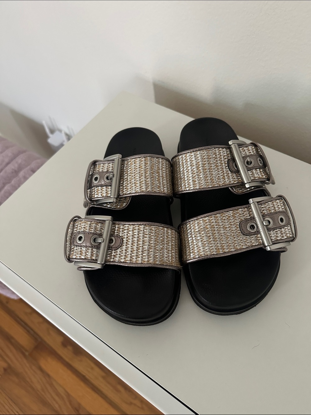 All Saints-Woven Metallic Double-Buckle Slide Sandals - Black/Gold